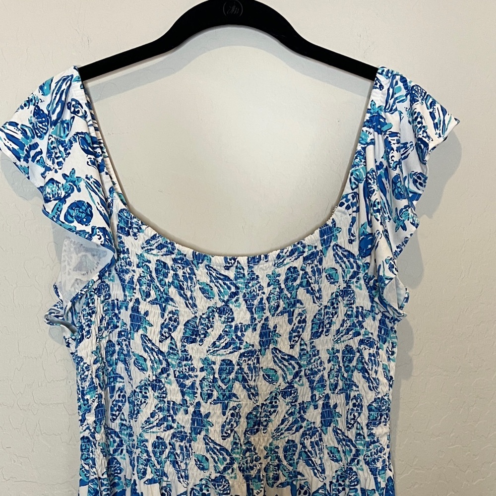 Lilly Pulitzer Floral Blue and White Smocked bodice summer Dress size large - Picture 3 of 11